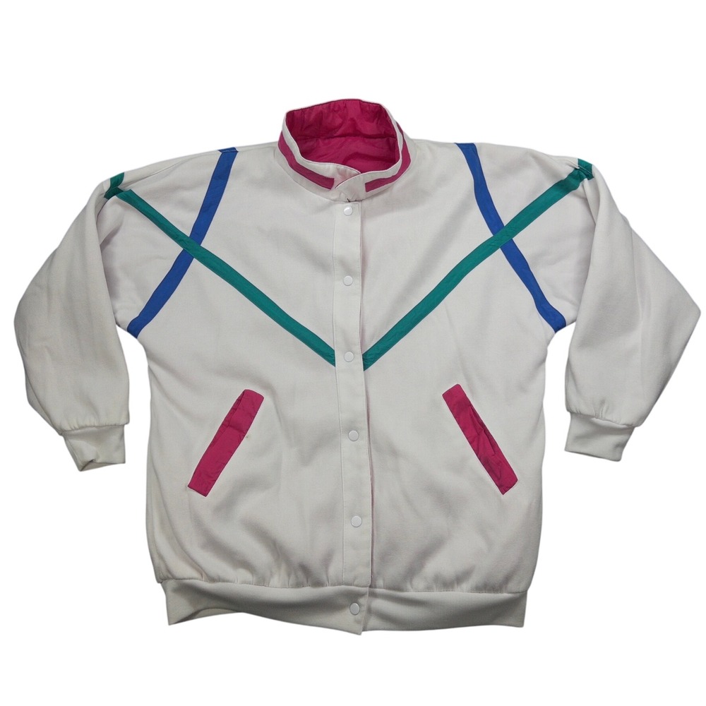 Vintage 90s Reversible Bomber Jacket Womens M Pink White Geometric 90s Retro Pop